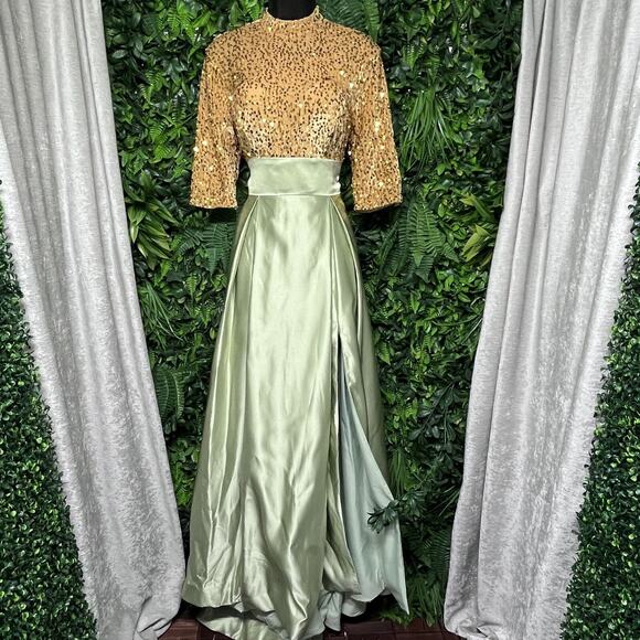 Elegant Dress Women 6 Gold Green High Neck Sequin Gown Layered Split Formal 2597 - Picture 2 of 9